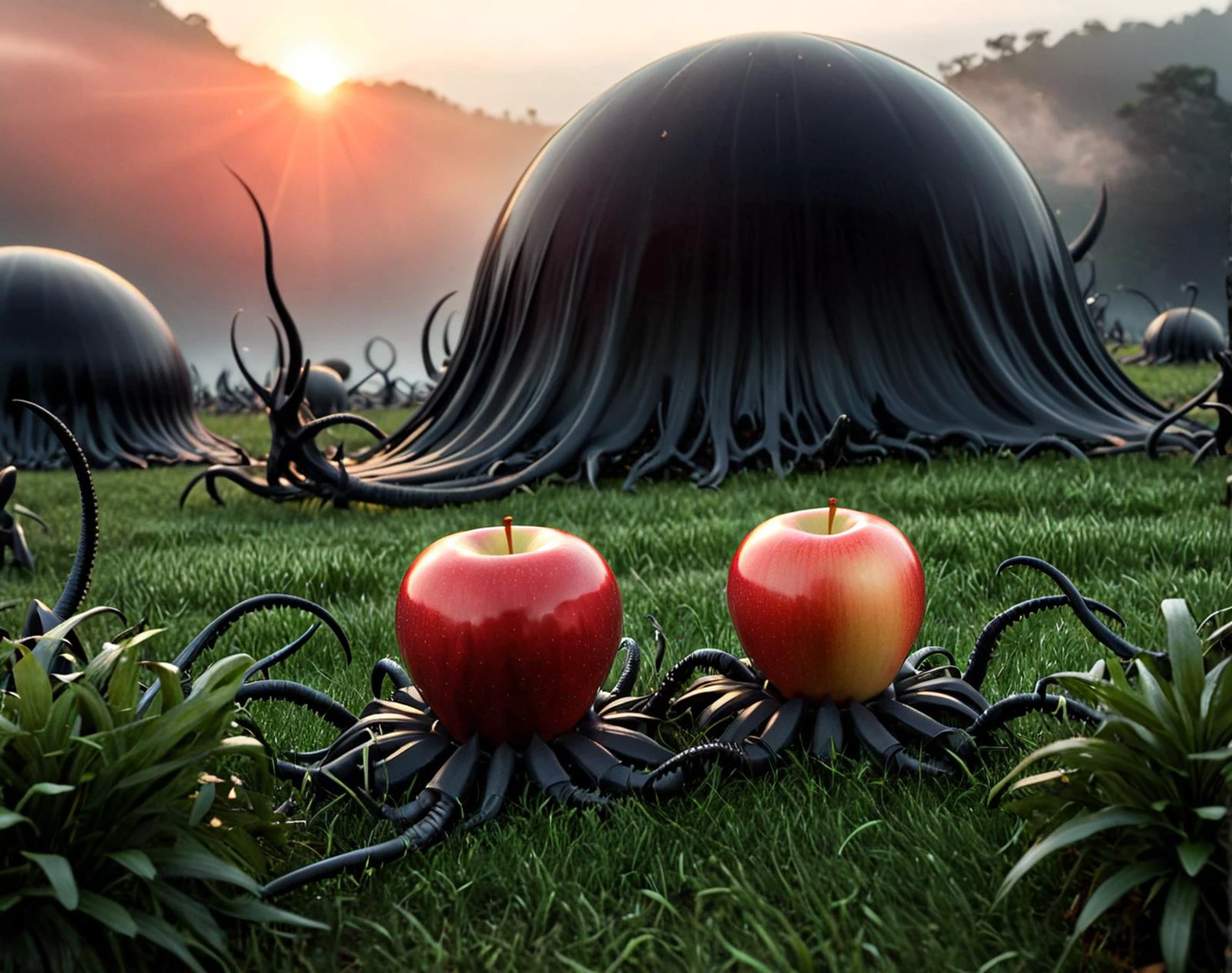 APPLE APPLE APPLE. Imagine a surreal (macro world:1.1) where (a colossal, half-eaten apple dominates the foreground:1.2), its glossy red skin glistening with morning dew. (Towering blades of grass:1.1) stretch skyward (like verdant skyscrapers:1.1), filtering golden sunlight that casts long, ethereal shadows. Through (a gossamer veil of mist:1.1), (a swarm of miniature xenomorphs:1.2) emerges â their obsidian exoskeletons gleaming as (they surge towards the fruit in a terrifying zerg rush:1.3). (The alien brood:1.1), (no larger than ants:1.2), skitters across the (apple's flesh:1.2) with predatory intent, their elongated heads and barbed tails a stark contrast to the lush, overgrown landscape. Tendrils of mist curl around the scene, blurring the line between reality and fevered imagination in this microscopic battlefield of nature versus alien invader.
BREAK This photograph showcases a captivating 3-D game concept rendered with a photoorealistic quality. The visual style is characterized by a voxelized, low-poli approach, which lends a unique texture and depth to the scene. The sharp edges and the voronoi pattern give the objects a distinct geometric feel, while the overall color palette is dominated by deep reds and blacks, creating a moody and atmospheric setting. The lighting is strategically placed to accentuate the depth and dimension of the scene, with the warm glow emanating from the spherical object in the center, casting a soft illumination on the surrounding structures. The meticulous attention to detail in the rendering is evident in the intricate textures and the play of light and shadow, making the scene both visually stunning and immersive.
BREAK <lora:epiCRealismHelper:0.17> <lora:- SDXL - vanta-black_contrast_V3.0:0.5> <lora:sss:0.4> <lora:Meostigmat_f1.7_100mm:0.33> <lora:Voronoiya_XL_v2_E17:0.45> <lora:Gl1tchBasalt-000021:0.33> Gl1tchBasalt