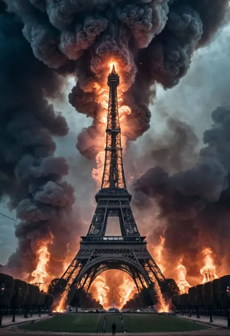 A photo of a futuristic setting, aliens, war, one Tour Eiffel, fire