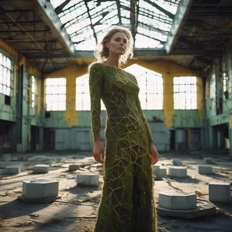 realistic full body shot of (elegant Slavic woman:1.15) with natural skin texture and intricate body art and perfect feminine anatomy, abandoned industrial zone in Chernobyl, Voronoi-shaped blocks on the ground, dark carbon voxels with sharp edges, low-poly abandoned nuclear plant, (perfect hands:1.23), (glitter:0.85), (shiny black slime, Voronoi scales, depth of field, (swirly bokeh:1.275), (Kodak Portra 400:0.925) :1.25), (realistic complex abandoned nuclear plant background:1.1), shiny glass, (cosmic horror, gloom, light leaks, mysterious, surreal:1.1), remarkable masterpiece, celestial, ethereal, epic, magical light flares, natural soft dreamy lighting, ((warm-yellow and cold-green:0.85), cinematic look, ideal hand anatomy, hairy pubic, hairy armpits:1.25)