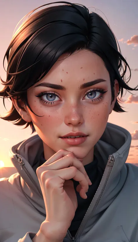 1girl, (tomboy:1.5), black hair, messy hair, grey eyes,  crew neck, crew cut, unzipped jacket, sunset, skyscraper, red sky, 
masterpiece, best quality, ((intricate)),  <lora:breastsizeslideroffset:0.4> <lora:weight_slider_v2:0.3> <lora:age_slider_v6:1>,  <lora:skin_slider_v1:0.5>