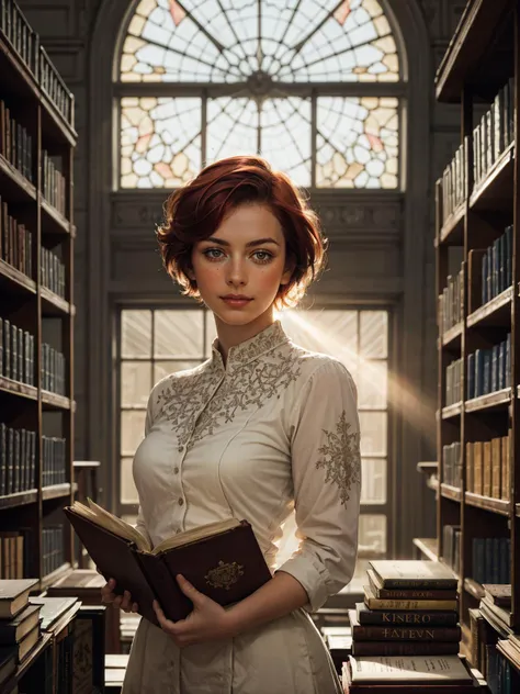 A sophisticated woman in a vintage bookstore, engrossed in an ancient, leather-bound tome, with dusty rays of light streaming through antique windows
masterpiece, best quality, intricate, realistic, photorealistic, red hair, 
 <lora:racial-chang-slider:-0.2> <lora:skin_slider_v1:1> <lora:hair_length_slider_v1:-2.5>