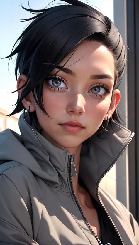 1girl, (tomboy:1.5), black hair, messy hair, grey eyes, residential area, crew neck, crew cut, unzipped jacket, 
masterpiece, best quality, ((intricate)),  <lora:breastsizeslideroffset:0.4> <lora:weight_slider_v2:0.3> <lora:age_slider_v6:1>,  <lora:skin_slider_v1:0.5>