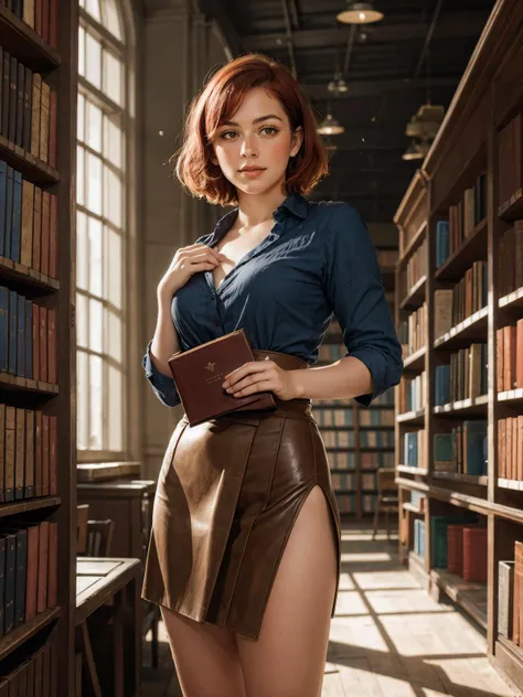 A sophisticated woman in a vintage bookstore, engrossed in an ancient, leather-bound tome, with dusty rays of light streaming through antique windows
masterpiece, best quality, intricate, realistic, photorealistic, red hair, 
 <lora:racial-chang-slider:-0.2> <lora:skin_slider_v1:1> <lora:hair_length_slider_v1:-2.5>