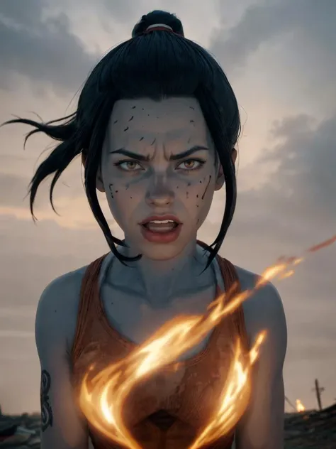 1girl, wasteland, surrounded by flame, blue flame, element bending, dynamic pose, evil, open mouth, 
masterpiece, best quality, intricate detail, realistic, photorealistic, 4k, high contrast, real life,   <lora:add_detail:0.5>,  <lora:skin_slider_v1:0.4>   <lora:breastsizeslideroffset:0.2> <lora:age_slider_v6:0> <lora:weight_slider_v2:0> <lora:Azula:0.7> ChopioAzula