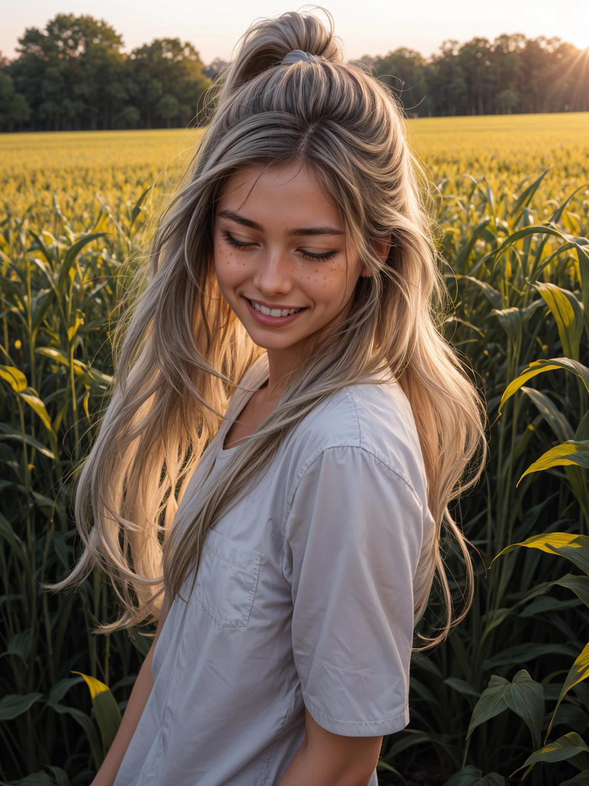 1girl, sunset, open field, corn field, depth of field, closed eyes, laughing
masterpiece, best quality, intricate, realistic, photorealistic, looking at viewer,
<lora:racial-chang-slider:0.2> <lora:skin_slider_v1:0.6> <lora:hair_length_slider_v1:3>, silver hair, grey eyes, ponytail, <lora:add_detail:0.35>