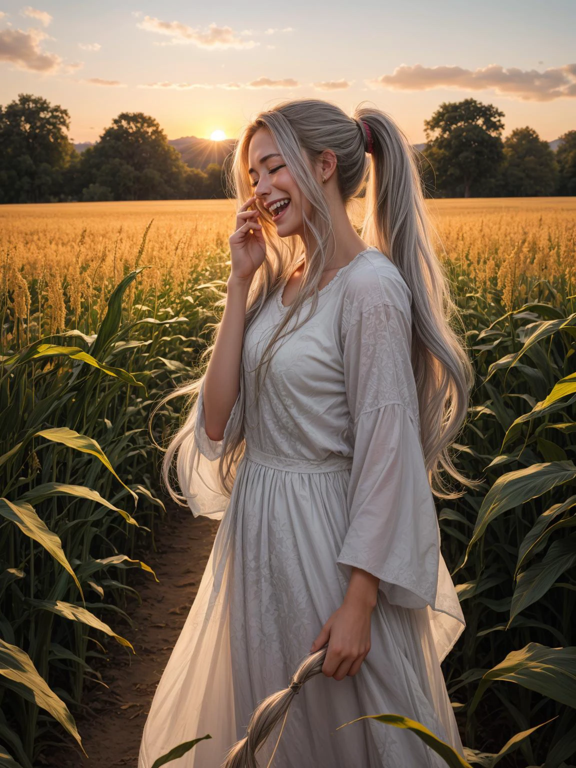 1girl, sunset, open field, corn field, depth of field, closed eyes, laughing
masterpiece, best quality, intricate, realistic, photorealistic, looking at viewer,
<lora:racial-chang-slider:0.2> <lora:skin_slider_v1:0.4> <lora:hair_length_slider_v1:3>, silver hair, grey eyes, ponytail, <lora:add_detail:0.35>