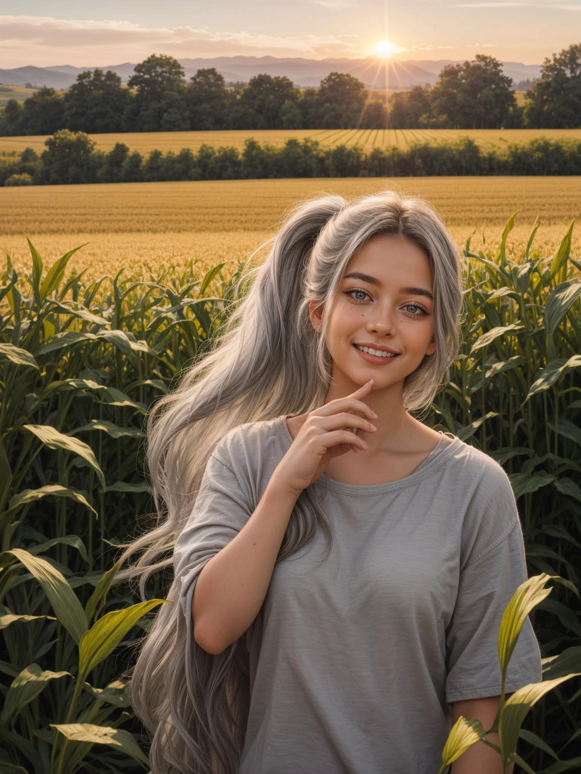 1girl, sunset, open field, corn field, depth of field, smile,
masterpiece, best quality, intricate, realistic, photorealistic, looking at viewer,
<lora:racial-chang-slider:0.2> <lora:skin_slider_v1:0.4> <lora:hair_length_slider_v1:3>, silver hair, grey eyes, ponytail, <lora:add_detail:0.35>