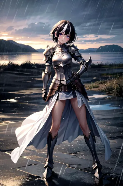 (masterpiece, best quality, detailed), 1girl, solo, looking at viewer, <lora:hanekawa-nvwls-v1:0.9>, altTsubasa, multicolored hair, purple eyes, short hair, armor, breastplate, shoulder armor, plate armor, knight, white armor, outdoors, storm, ((rain)), cloudy sky, dark clouds, night, dark, sky, wind, contrapposto, legs apart, head tilt, gloves, gauntlets, boobplate, (armored dress), dress, scenery, mountainous horizon, full body, wet, wet hair, greaves, hand on own hip, arm at side, serious, parted lips