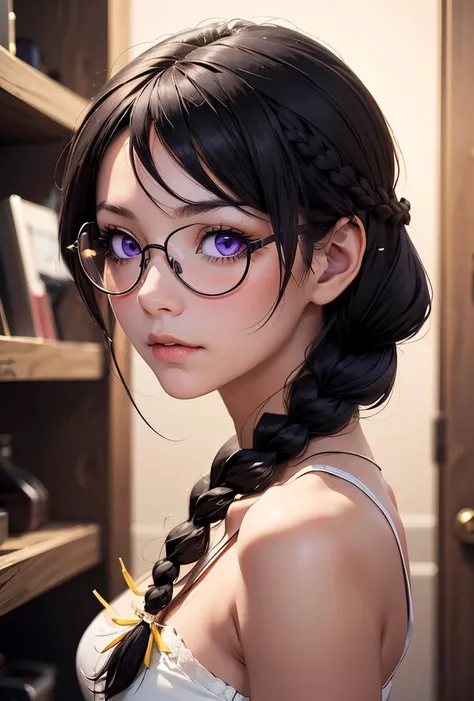 (masterpiece, best quality), 1girl,   <lora:hanekawa-nvwls-v1:0.8> defTsubasa, black hair, purple eyes, braided ponytail, glasses, defTsubasa, black hair, purple eyes, twin braids, glasses,