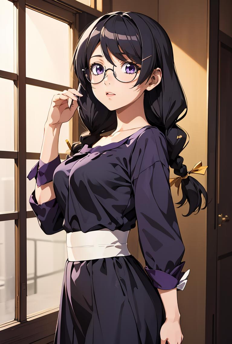 Anime girl with glasses and a black dress standing in front of a window ...