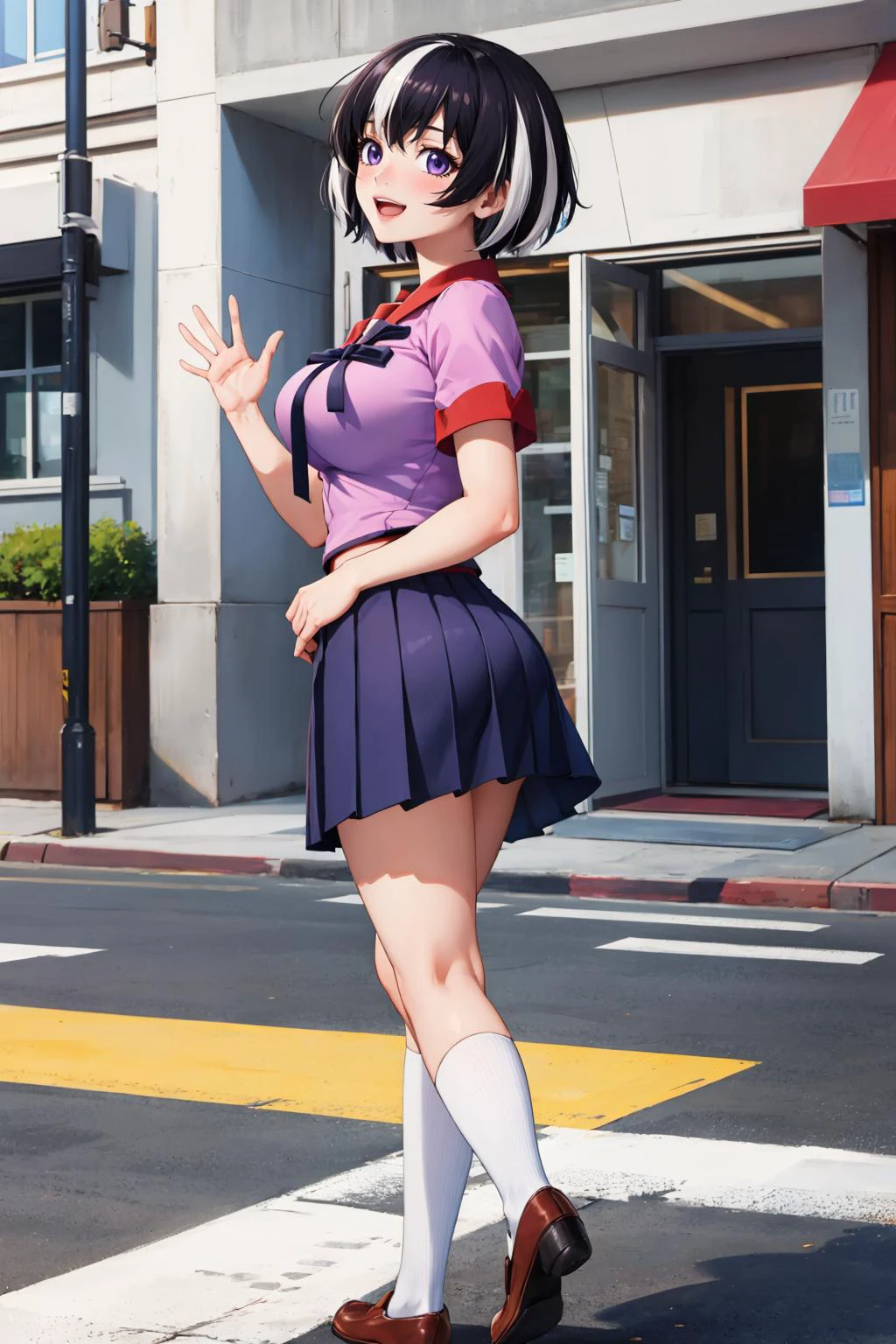 masterpiece, best quality, 1girl, solo <lora:hanekawa-nvwls-v1-000008:0.9> altTsubasa, multicolored hair, short hair, purple eyes, large breasts, school uniform, short sleeves, pink shirt, pleated skirt, from side, walking, looking at viewer, waving, :D, street