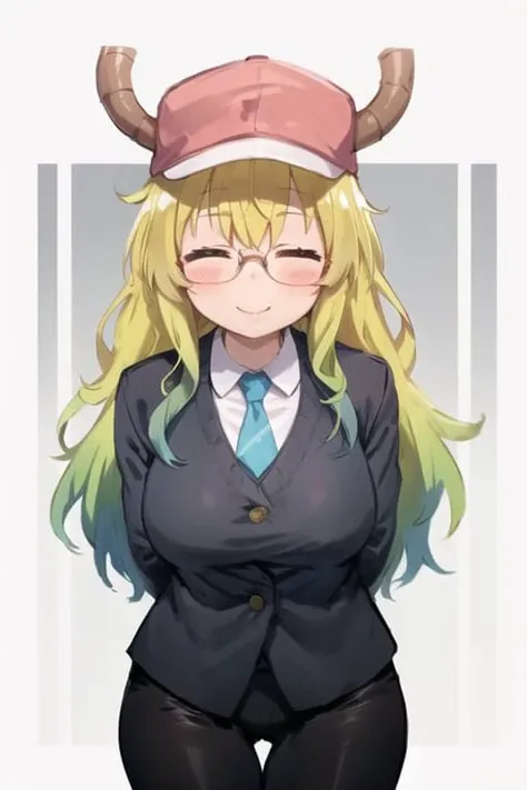 lucoa, 1girl, solo, office lady, blue necktie, collared shirt, black jacket, black pants, glasses, long hair, large breasts, blush, smile, hat, closed mouth, closed eyes, horns, baseball cap, pink headwear, horns through headwear, arms behind back, standing, thigh gap, <lora:lucoaselect-09:0.7>, <lora:elmaselec2-04:0.6>