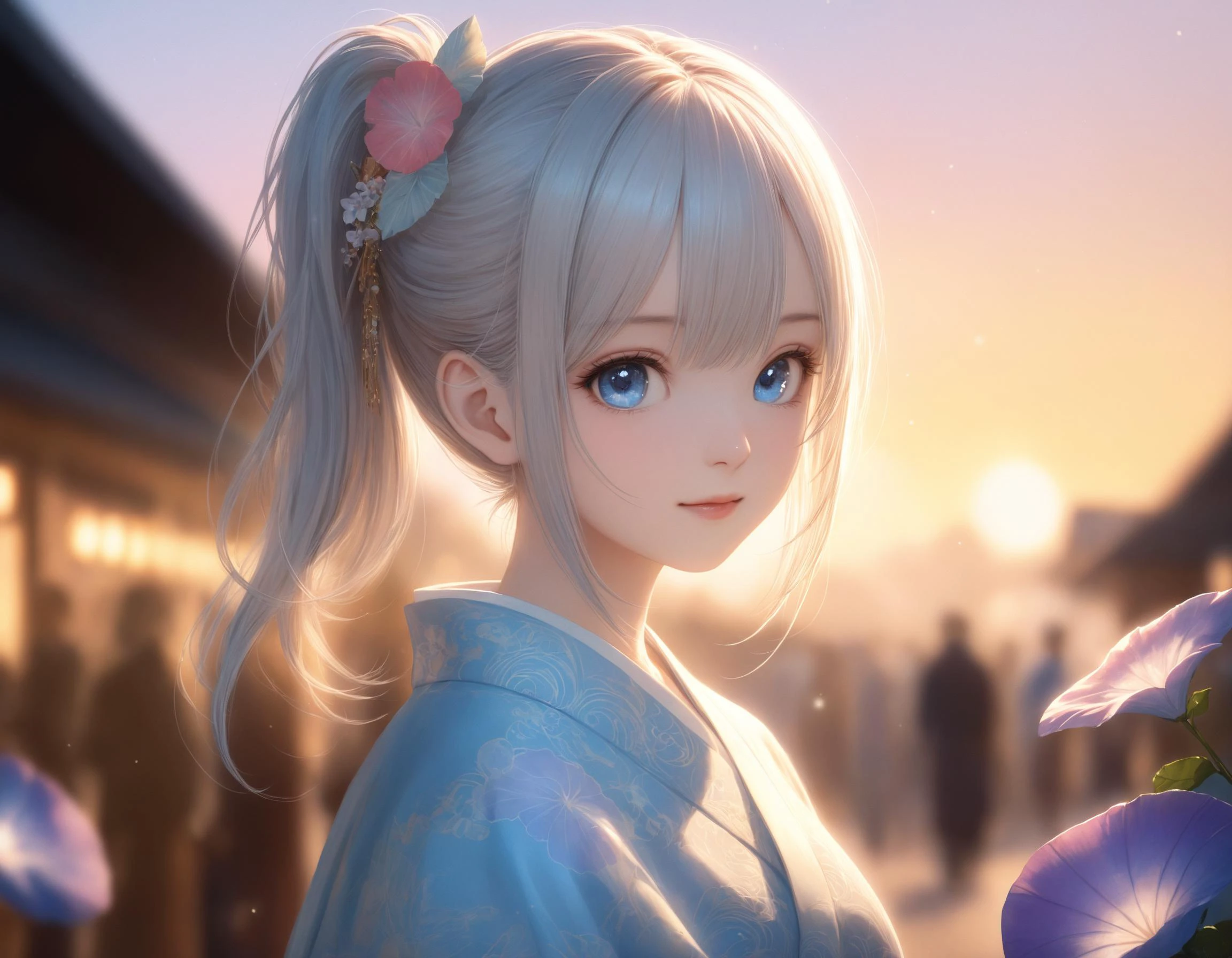 SceneDescription:
- Composition: Portrait. Cinematic angle.
- Subject: A 18YO girl.
- Characteristics:
- Face: (Cute round face:1.1).
- Eyes: Detailed dark-blue eyes and tsurime.
- Hair: Medium hair, (side ponytail:1.1), big ribbon hair ornament, (gray hair), (gray inner hair) and hair between eyes.
- Body: Detailed slender body. Large breasts.
- Clothing: Morning glory pattern blue kimono and furisode.
- Expression: Amused expression.
- Posing: Relaxed. Head tilt. Looking at viewer.
- Background: Fashionable japanese style summer festival.
- Elements: Sunset view. Lens flare.
Season: Summer.
Time: Dusk.
Lighting: (Evening light:1.4).
ArtStyle: Photorealistic.
Quality: Intricate details. Extremely detailed. Outstanding intricacies. (Masterpiece:1.2). (Best quality:1.2). (Absurdres absolutely resolution:1.4).
Mood: Serene atmosphere.
<lora:flat_sdxl:-0.2>