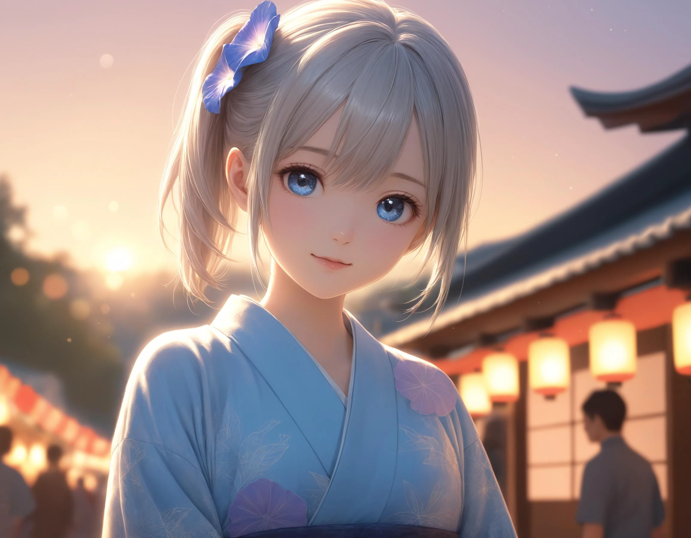 SceneDescription:
- Composition: Portrait. Cinematic angle.
- Subject: A 18YO girl.
- Characteristics:
- Face: (Cute round face:1.1).
- Eyes: Detailed dark-blue eyes and tsurime.
- Hair: Medium hair, (side ponytail:1.1), big ribbon hair ornament, (gray hair), (gray inner hair) and hair between eyes.
- Body: Detailed slender body. Large breasts.
- Clothing: Morning glory motif pattern blue kimono and furisode.
- Expression: Amused expression.
- Posing: Relaxed. Head tilt. Looking at viewer.
- Background: Fashionable japanese style summer festival.
- Elements: Sunset view. Lens flare.
Season: Summer.
Time: Dusk.
Lighting: (Evening light:1.4).
ArtStyle: Photorealistic. Cute style.
Quality: Intricate details. Extremely detailed. Outstanding intricacies. (Masterpiece:1.2). (Best quality:1.2). (Absurdres absolutely resolution:1.4).
Mood: Serene atmosphere.
<lora:flat_sdxl:-0.2>