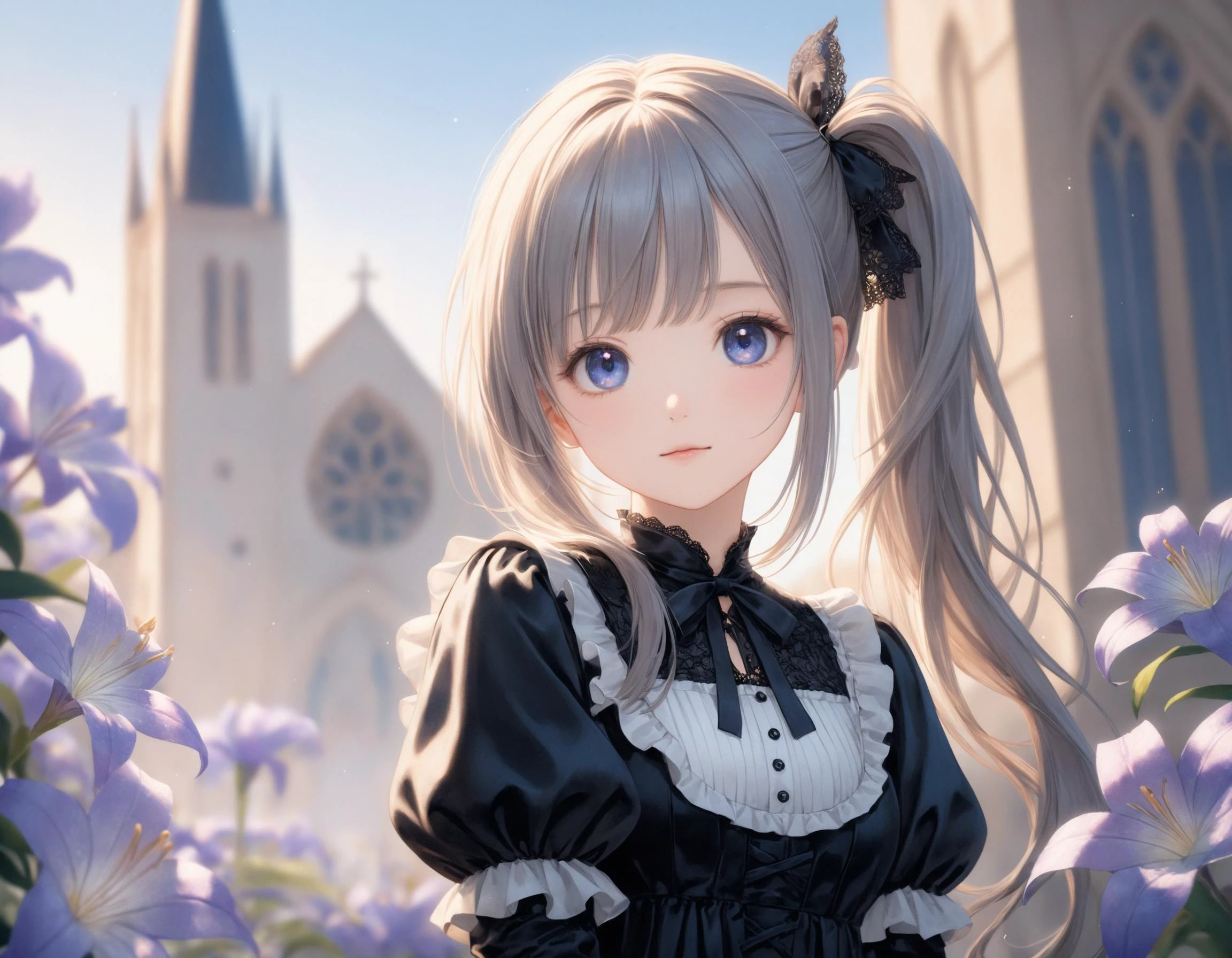 SceneDescription:
- Composition: Portrait. Cinematic angle.
- Subject: A 18YO girl. (xxxxx:0.8).
- Characteristics:
- Face: (Cute round face:1.1).
- Eyes: Detailed dark-blue eyes and tsurime.
- Hair: Medium hair, (side ponytail:1.1), big ribbon hair ornament, (gray hair), (gray inner hair) and asymmetrical bangs.
- Body: Detailed slender body. Large breasts.
- Clothing: xxxxx fashion. Black gothic dress and white ribbon tie.
- Expression: Happy expression.
- Posing: Sleeping.
- Background: Outside gothic style church.
- Elements: Purple lily garden. Blue sky.
Time: (Daytime:1.2).
Lighting: (Natural lighting:1.4).
ArtStyle: Cute style. Watercolor. Traditional media. Blurry. Pale pastel colors.
Quality: Intricate details. Extremely detailed. Outstanding intricacies. (Masterpiece:1.2). (Best quality:1.2). (Absurdres absolutely resolution:1.4).
Mood: Serene atmosphere.
<lora:flat_sdxl:-0.2>