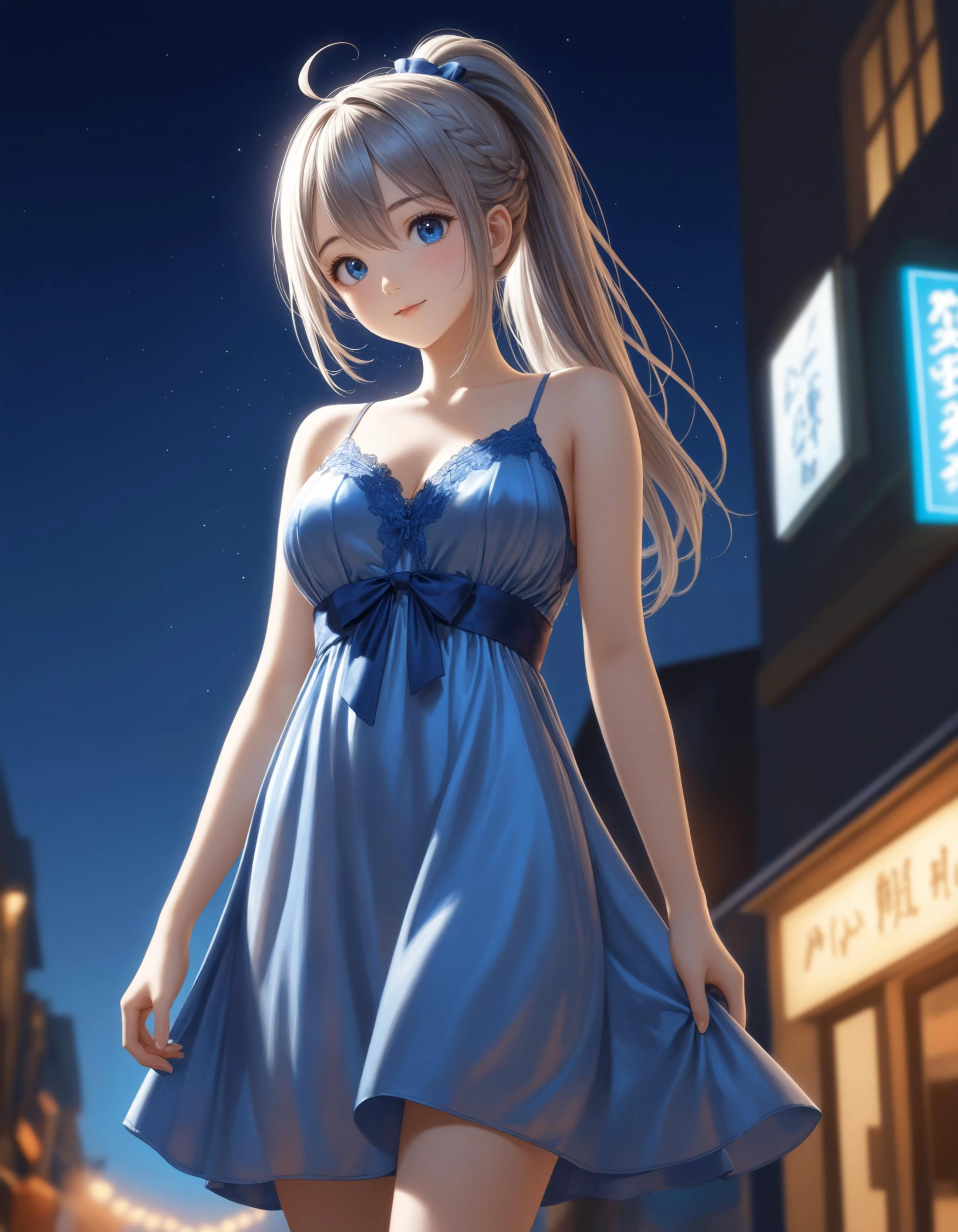 SceneDescription:
- Composition: Cowboy shot. Cinematic angle. Shooting from below.
- Subject: A 18YO girl. Solo.
- Characteristics:
- Face: (Cute round face:1.1).
- Eyes: Detailed dark-blue eyes and tsurime.
- Hair: Long wavy high (ponytail:1.2) with big ribbon hair ornament, (gray hair), (gray inner hair), left side french braid, ahoge and hair between eyes.
- Body: Detailed slender body. Large breasts.
- Clothing: Saxe-blue satin night dress.
- Expression: Happy expression.
- Posing: Relaxed. Looking at viewer.
- Background: Fashionable bar street at night.
- Elements: Skyscraper view. Night sky.
Time: (Night:1.2).
Lighting: (Blue hour light:1.4).
ArtStyle: Photorealistic. Cute style.
Quality: Intricate details. Extremely detailed. Outstanding intricacies. (Masterpiece:1.2). (Best quality:1.2). (Absurdres absolutely resolution:1.4).
Mood: Serene atmosphere.
<lora:flat_sdxl:-0.2>