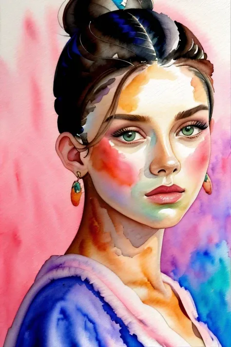 ((watercolor style painting:1.2), soft, vibrant, blended, hand-painted:1.15), <lyco:sd15_NicolaCavanis_loha_64_v1:1> NicolaCavanis, focus on eyes, close up on face, wearing jewelry, hair styled as crown bun,