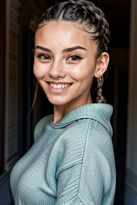 realistic photo of <lyco:sd15_NicolaCavanis_loha_64_v1:.85> NicolaCavanis, focus on eyes, close up on face, smiling, wearing jewelry, hair styled as braided top knot, silhouetted against the light