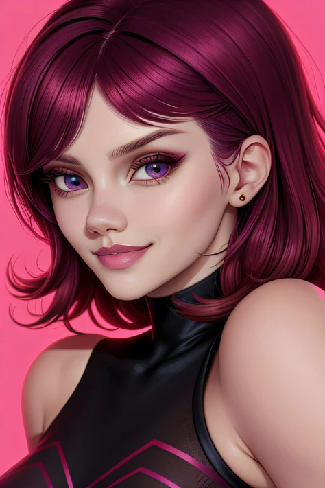 (style of Jovana Rikalo:1.15), <lyco:sd15_NicolaCavanis_loha_64_v1:1> NicolaCavanis, focus on eyes, close up on face, grinning, garnet color hair styled as Straight Side-Swept Bangs, bright neon lighting