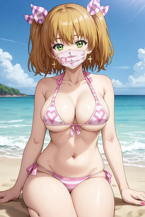 masterpiece, best quality, 1girl, solo, <lora:Kizuki - Super HxEros - Wakakusa Moena:1>, wakakusa moena, surgical mask, heart pattern, green eyes, hair ribbon, cross earrings, blonde hair, large breasts, bikini, beach