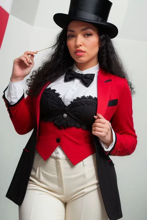 DEN_carmilla_SG,
performing in a (circus:1.2) wearing a red and black (blazer:1.1) and white (shirt:1.1) and cream (trousers:1.1) and black bow tie and (top hat:1.1), ring leader, circus,
bokeh, f1.4, 40mm, photorealistic, raw, 8k, textured skin, skin pores, intricate details <lora:epi_noiseoffset2:1>, epiCRealism, <lora:ClothingAdjuster3:-0.8>