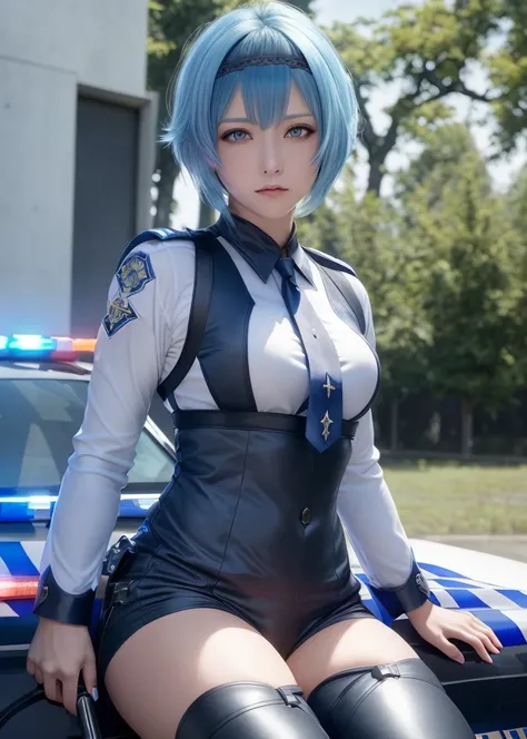 (8k, RAW photo, best quality, masterpiece:1.2), (realistic, photo-realistic:1.37),professional lighting, photon mapping, radiosity, physically-based rendering,(1girl,solo),outdoors,shadow, sunlight,(black thigh boots), close-up, (eula:1.2),eula \(genshin impact\), (short_blue_hair),looking at viewer, (police_uniform:1.6), (sitting on car),(lace_hair_ornament:1.1),(short_blue_hair)