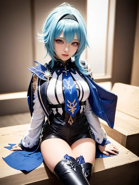 (8k, RAW photo, best quality, masterpiece:1.2), ulra high res, (photorealistic:1.4), 1girl,thighhighs, (Kpop idol),(aegyo sal:1),((puffy eyes)), looking at viewer,(realistic, photo-realistic:1.37),1girl, professional lighting, photon mapping, radiosity, physically-based rendering,shiny hair, long hair,boots,hair_ornament,hair_between_eyes,black hairband, long_hair, yellow_eyes, (light_blue_hair:1.2),bangs, , genshin impact, eula \(genshin impact\), eula \(genshin impact\) \(cosplay\), (PureErosFace_V1:0.6), (ulzzang-6500-v1.1:0.3), (bar), <lora:eulaGenshinImpact_eulav4000082:0.6>