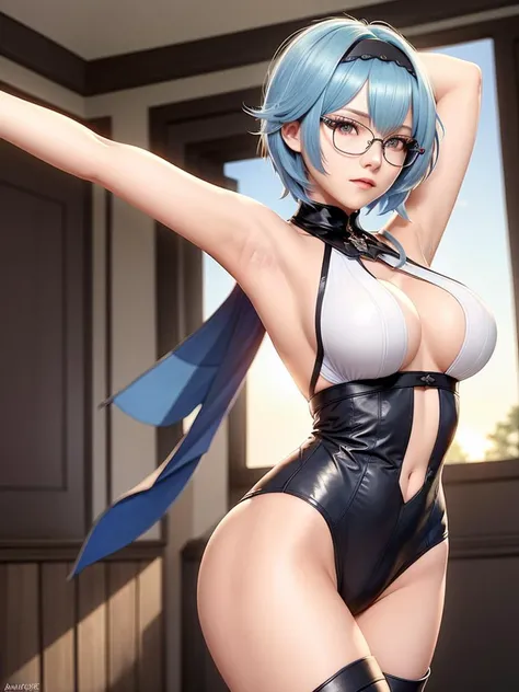 (8k, RAW photo, best quality, masterpiece:1.2), (realistic, photo-realistic:1.37),professional lighting, photon mapping, radiosity, physically-based rendering,(1girl,solo:1.6),(black thigh boots), close-up, (short_blue_hair),(looking back),(Backward),indoors, (shadow),white shirt, (armpits:1.4),eyeshadow, (eula),(puffy eyes:1.2),(blue eyes), Asymmetrical hairstyle,(Frameless glasses),river city girls, (short_blue_hair),(sunset),(night)