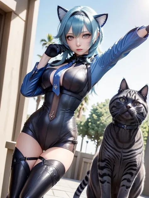 (8k, RAW photo, best quality, masterpiece:1.2), (realistic, photo-realistic:1.37),professional lighting, photon mapping, radiosity, physically-based rendering,(1girl,solo:1.6),(black thigh boots), close-up, (short_blue_hair),looking at viewer,(short_blue_hair), (police uniform:1.4),outdoors, (shadow),white shirt, police hat, (cat_pose:1.4),eyeshadow, (eula),(puffy eyes:1.2),blue eyes, Asymmetrical hairstyle,