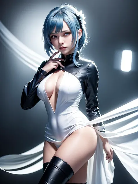 ( best quality, masterpiece:1.2),(long_black_boots:1.2),professional lighting, photon mapping, radiosity, physically-based rendering,8k, RAW photo, (realistic, photo-realistic:1.57), (shadow:1.2),(1girl,solo:1.6),looking at viewer, (eula),(puffy eyes:1.2),(blue eyes), (short_blue_hair:1.1),(Navel,cleavage:0.4),(white wedding_dress:1.4),(holding blue rose)