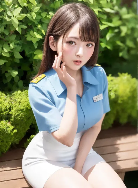 wide angle,cowboy shot, ,
((travel attendant,stewardess) ),
( sitting_on_knees,hand on own chin,garden),toned,muscular,stockings,
,
(parted lips,light smile),(shiny skin:1.1),blush,masterpiece, highest quality, highres,absurdres,
(looking at viewer),
,
unparalleled masterpiece, ultra realistic 8k CG, clean, beautiful face, <lora:LadyUesakaSumire:0.5>