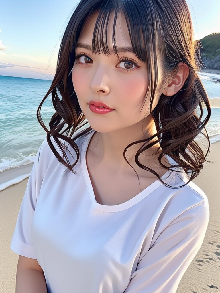 <lora:LadyUesakaSumire:0.45>
woman,solo,happy, parted lips,
looking at viewer,beach,ocean,sunrise,shirt,dress,unparalleled masterpiece, ultra realistic 8k CG, clean, beautiful face,