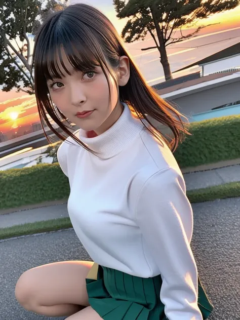 <lora:LadyUesakaSumire:0.45>
woman,solo,happy, closed mouth ,
looking at viewer,sunset,skyline,turtleneck,skirt,unparalleled masterpiece, ultra realistic 8k CG, clean, beautiful face,