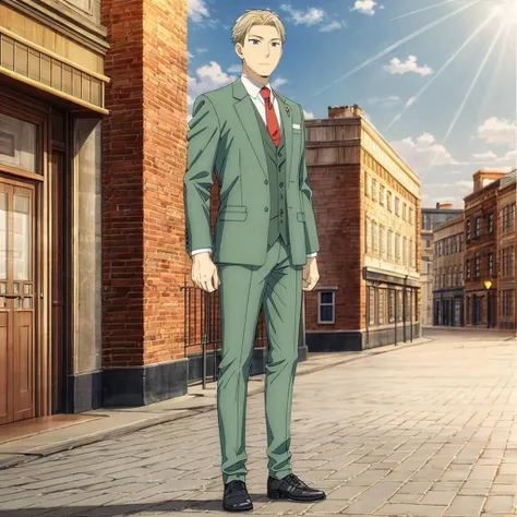 <lora:LoidForger001:0.7>,<lora:add_detail:1>,<lora:boldline:-0.8>,<lora:noline:0.3>,
LoidForger,1man,
formal,suit,green jacket,collared shirt,red necktie,green vest,
full body,city,sunlight,