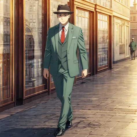 <lora:LoidForger001:0.7>,<lora:add_detail:1>,<lora:boldline:-0.8>,<lora:noline:0.3>,
LoidForger,1man,
hat,formal,suit,green jacket,collared shirt,red necktie,green vest,
full body,city,sunlight,walking,