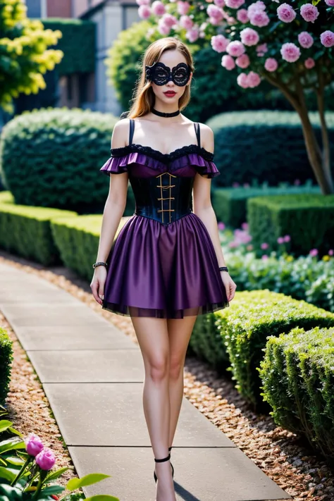 <lora:LCM_LoRA_Weights_SD15:1>,<lora:detail_slider_v4:1.2>,alluring 30yo old adult Woman, Medium build, extra long yellow bun hair, german, light skin, hazel eyes, wearing a (venetian ball mask), deep purple tulle skirt with corset with chic elements, block heels with stylish accents, dark plum lipstick, lace choker,jeweled bracelet, set at a masquerade ball, in a romantic garden, with blooming roses, cozy seating, ambient lighting, elegant arches, and a picturesque bridge, during sunset,(full body portrait:1.3),from outside:1.4,Preppy fashion style, characterized by classic and timeless clothing choices, features tailored silhouettes, vibrant colors, and traditional patterns like plaid and stripes, promotes a polished and sophisticated look, reflects a sense of privilege and tradition associated with elite education,