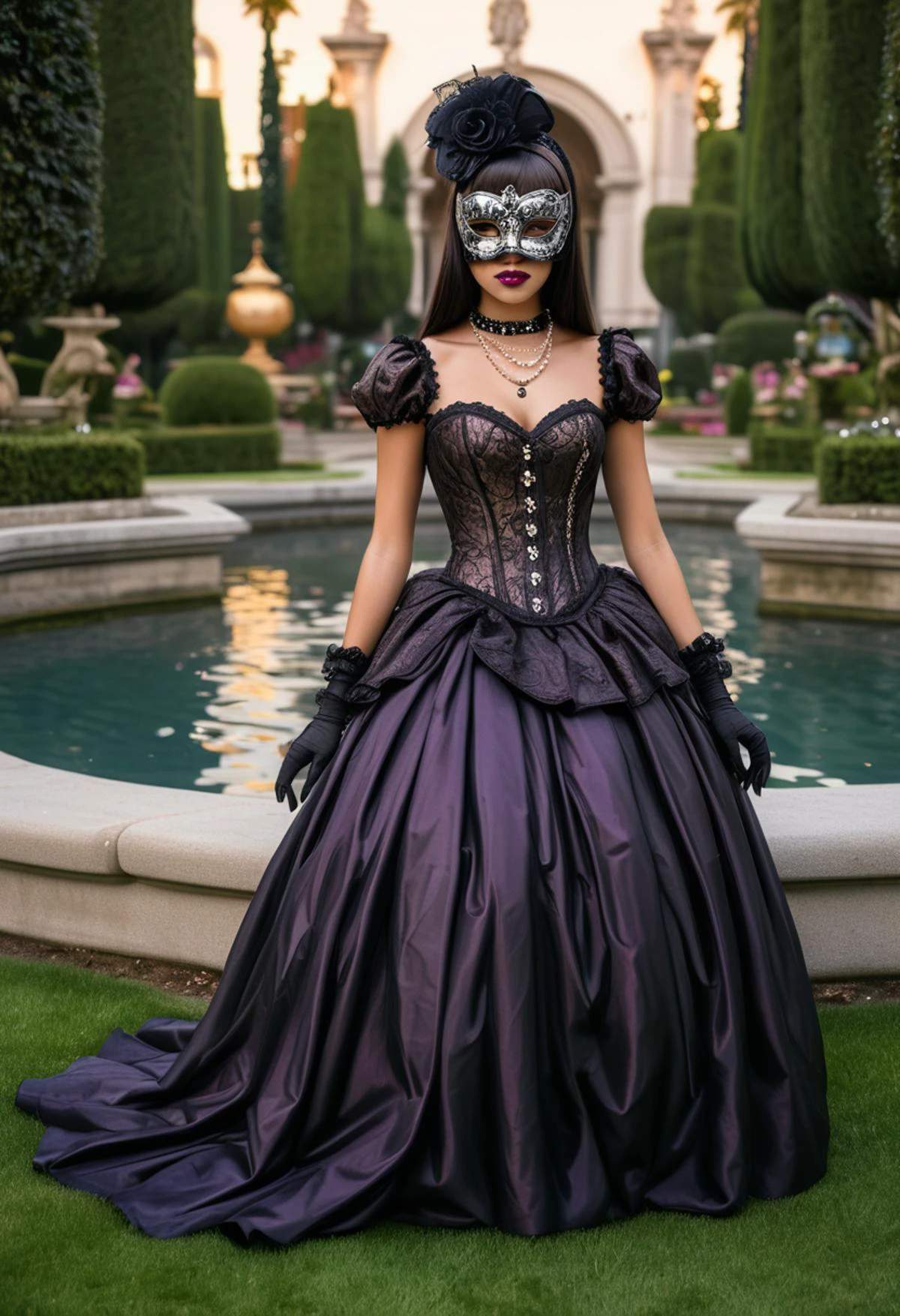 (medium full shot) of gothic young woman, petite build, extra long dark straight bangs hair, brazilian, tan skin, light brown eyes, wearing a (venetian ball mask), black Victorian-style dress with brocade pattern, formal shoes with elegant design, dark plum lipstick, beaded clutch pearl necklace, set at a masquerade ball, in a majestic garden, featuring grand fountains, manicured hedges, ornamental statues, peaceful ponds, stylish seating, during sunset, ,Masterpiece,best quality, photo, realistic, very aesthetic