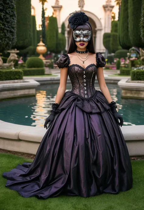 (medium full shot) of gothic young woman, petite build, extra long dark straight bangs hair, brazilian, tan skin, light brown eyes, wearing a (venetian ball mask), black Victorian-style dress with brocade pattern, formal shoes with elegant design, dark plum lipstick, beaded clutch pearl necklace, set at a masquerade ball, in  a majestic garden, featuring grand fountains, manicured hedges, ornamental statues, peaceful ponds, stylish seating, during sunset, ,Masterpiece,best quality, photo, realistic, very aesthetic