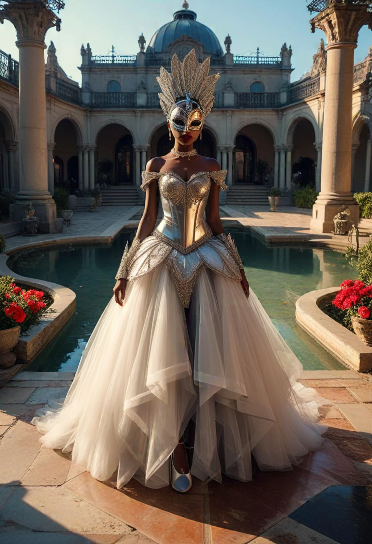 (medium full shot) of whimsical young woman, slender build, medium ginger inverted bob cut hair, south african, dark skin, brown eyes, wearing a (masquerade ball mask), silver tulle skirt with corset with chic elements, ballroom dance shoes, bold red lipstick, crystal tiara, set at a masquerade ball, in Palace Courtyard, intricately tiled floor, lush gardens around, fountains and statues, opulent and grand setting, during sunset, ,Masterpiece,best quality, photo, realistic, very aesthetic