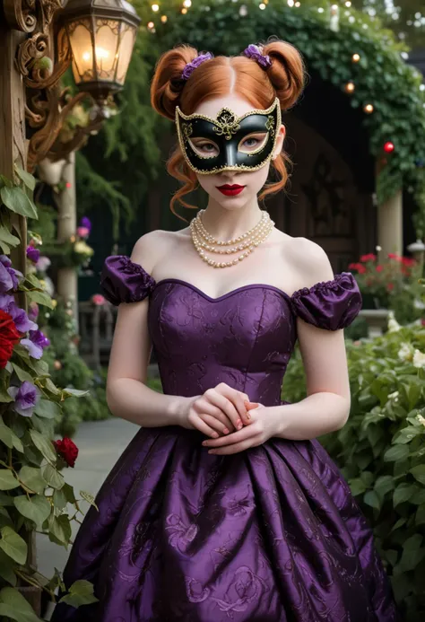 (medium full shot) of mysterious young woman, willowy build, medium ginger pigtails hair, canadian, pale skin, olive green eyes, wearing a (venetian ball mask), deep purple brocade dress with pearl embellishments, ballet flats, bold red lipstick, beaded clutch pearl necklace, set at a masquerade ball, in  a whimsical enchanting garden, where lanterns cast a soft glow, featuring rustic wooden benches, ivy-draped pergolas, a fountain surrounded by fragrant flowers, ,Masterpiece,best quality, photo, realistic, very aesthetic