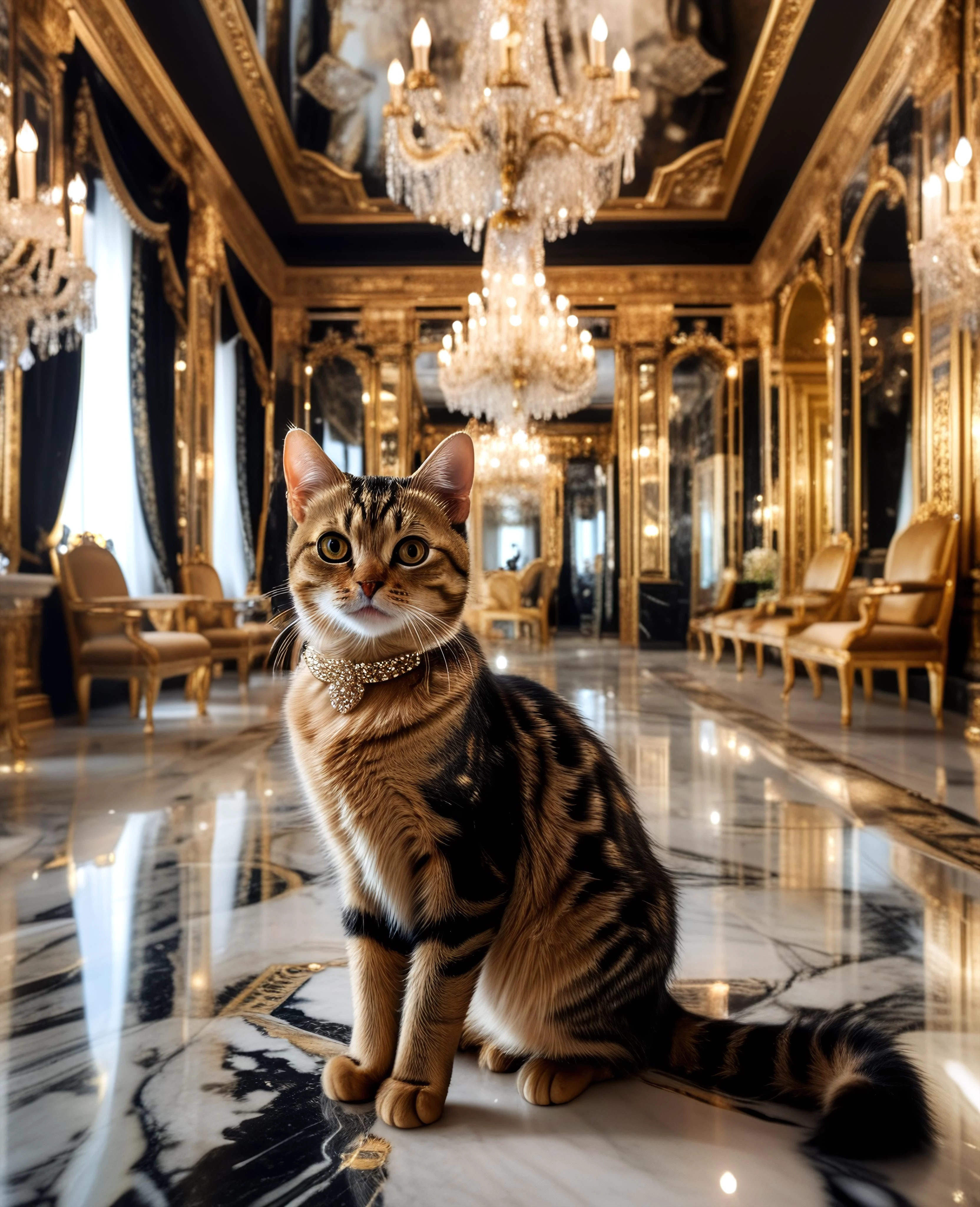 __crea-cat/prompt-creature__,
ancient palace, mirrored walls and ceilings,
crystal chandeliers,
marble floors, velvet drapes,
gold-trimmed furniture,
at night, bokeh,