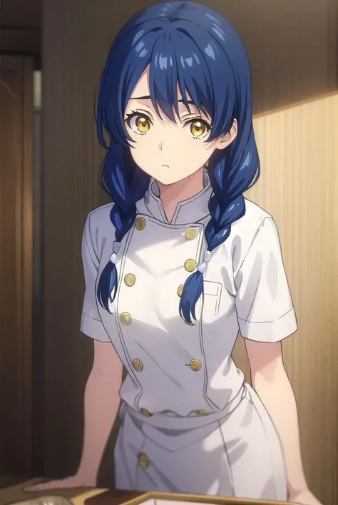 megumitadokoro, <lora:megumi tadokoro s1-lora-nochekaiser:1>,
megumi tadokoro, long hair, blue hair, (yellow eyes:1.3), braid, twin braids,
BREAK chef, pants, white pants,
BREAK indoors, kitchen,
BREAK looking at viewer, (cowboy shot:1.5),
BREAK <lyco:GoodHands-beta2:1>, (masterpiece:1.2), best quality, high resolution, unity 8k wallpaper, (illustration:0.8), (beautiful detailed eyes:1.6), extremely detailed face, perfect lighting, extremely detailed CG, (perfect hands, perfect anatomy),