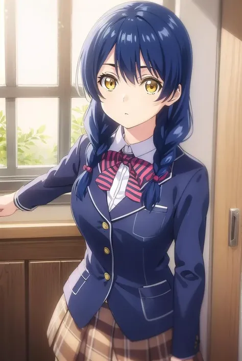 megumitadokoro, <lora:megumi tadokoro s1-lora-nochekaiser:1>,
megumi tadokoro, long hair, blue hair, (yellow eyes:1.3), braid, twin braids,
BREAK bow, school uniform, striped, bowtie, blazer, striped bowtie, blue blazer, brown skirt, plaid skirt, plaid,
BREAK indoors, kitchen,
BREAK looking at viewer, (cowboy shot:1.5),
BREAK <lyco:GoodHands-beta2:1>, (masterpiece:1.2), best quality, high resolution, unity 8k wallpaper, (illustration:0.8), (beautiful detailed eyes:1.6), extremely detailed face, perfect lighting, extremely detailed CG, (perfect hands, perfect anatomy),