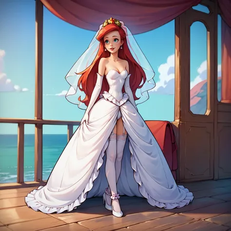 score_9, score_8_up, score_7_up, score_6_up, score_5_up, score_4_up, 1girl, solo, Ariel, wedding outfit, long train, ruffle skirt, garter belt & stockings, long gloves, ankle, knee, shoes, <lora:Ariel_The_Little_Mermaid_for_PONY_by_Foxie:0.8> original style