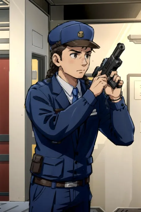 pkmnofficer,1boy,brown hair,braid,,(holding gun,submachine gun:1.2),expressionless,((indoors,in metal corridor)),hat,blue cap, <lora:PKMNOfficer-44:0.7>