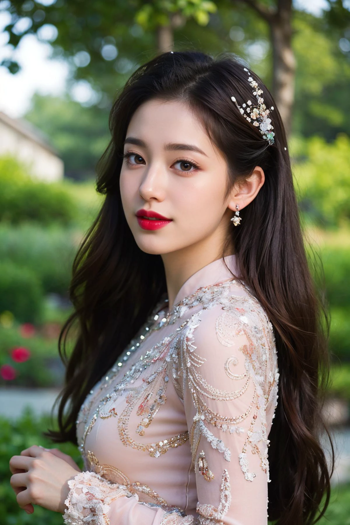 (masterpiece:1.5), (((top quality, best quality, high quality))), ((intricately detailed, ultra-detailed, insanely detailed)), highres, 32K, extremely detailed unity CG 8K wallpaper, (beautiful and aesthetic:1.2),, (depth of field:1.3),
((soft ambient lighting, vibrant colors)),  (close up:1.37), (view from side:1.5),
(cowboy shot:1.4),
(1girl:1.5), (mature:1.4, willowy:1.4),
beautiful gorgeous face, [:(detailed face:1.2):0.2], bright big eyes, pureerosface_v1, (red lips), (glossy lips), (closed lips:1.5),
perfect feminine body, bright glistening skin, realistic skin, skin pores, narrow waist, (extremely-long hair:1.5), (straight hair:1.4),,
((aodaicuoi,<lora:aodaicuoi:0.6>)), (long sleeves:1.3),(fabrication glitters:1.5), (luxury intricate clothing jewelries), (clothing sparkles:1.4), (sparkling particles:1.3), flower hair ornaments, earrings, ornate beaded necklace,,
(in the garden:1.5), (in front of an antique courthouse:1.5), (an old rustic countryside:1.5), (photorealistic:1.5), <lora:detail_slider_v4:1.5>,