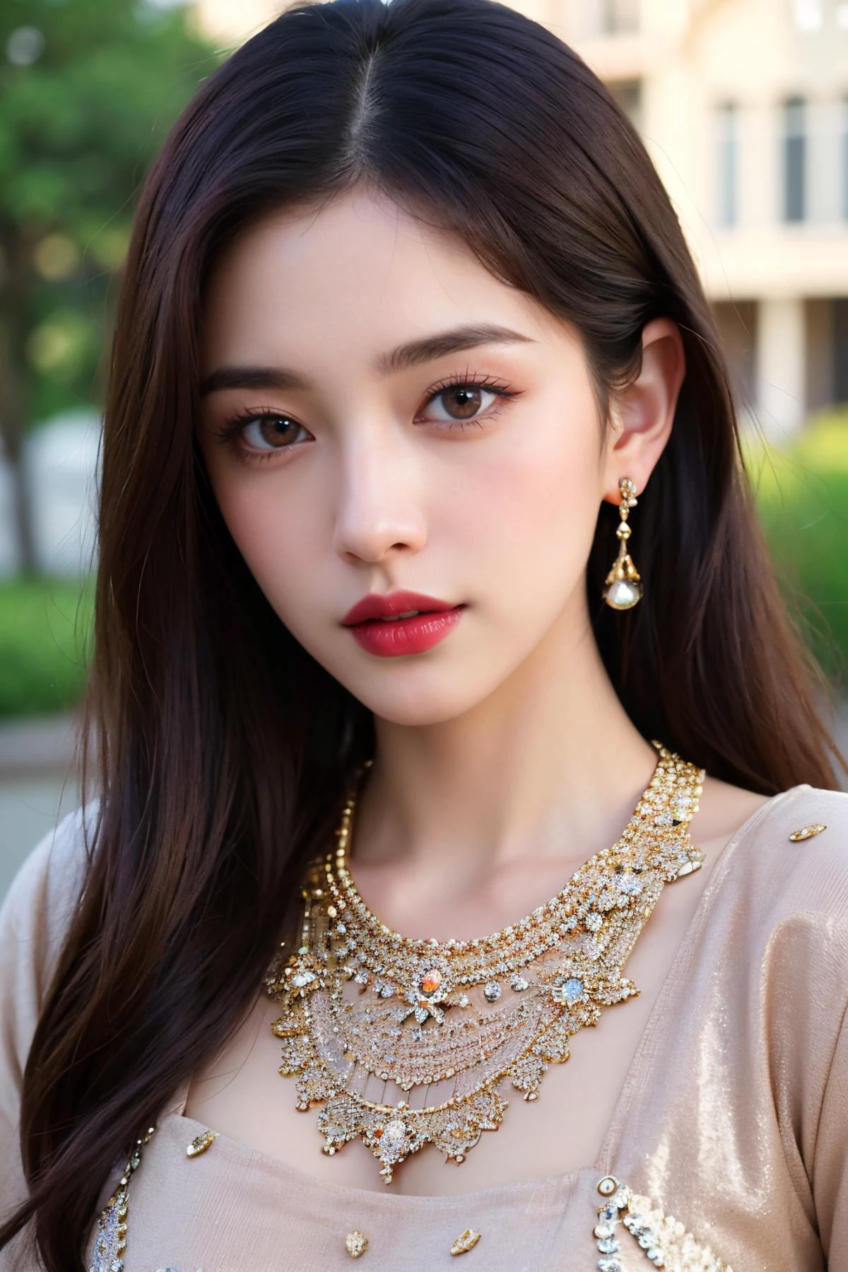 (masterpiece:1.5), (((top quality, best quality, high quality))), ((intricately detailed, ultra-detailed, insanely detailed)), highres, 32K, extremely detailed unity CG 8K wallpaper, (beautiful and aesthetic:1.2),,
((soft ambient lighting, vibrant colors)),  (close up:1.37), 
(upper body:1.4),
(1girl:1.5), (mature:1.4, willowy:1.4),
beautiful gorgeous face, [:(detailed face:1.2):0.2], bright big eyes, pureerosface_v1, (red lips:1.4), (full puffy lips:1.4), (closed lips:1.5),
perfect feminine body, bright glistening skin, realistic skin, skin pores, narrow waist, (extremely-long hair:1.5), (black hair:1.4),,
((edgBW, wearing edgBW fashion, designer dress, <lora:edgBollywoodCouture:0.75>)), (long sleeves:1.3),(fabrication glitters:1.5), (luxury intricate clothing jewelries), (clothing sparkles:1.4), (sparkling particles:1.3), flower hair ornaments, earrings, ornate beaded necklace,,
(in the garden:1.5), (in front of an antique courthouse:1.5), (an old rustic countryside:1.5), (photorealistic:1.5), (nostalgic:1.5),, <lora:GoodHands-vanilla:1>,