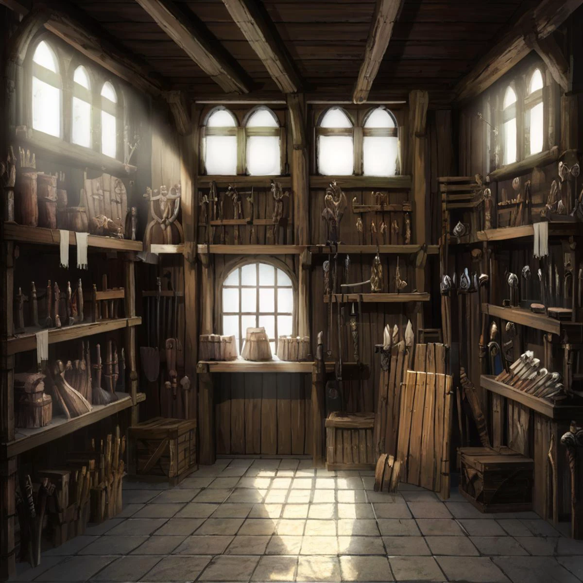 a beautiful medieval wooden store front during the day with sun rays shining through the window, <lora:Detailed Interior Style SDXL v1:1>