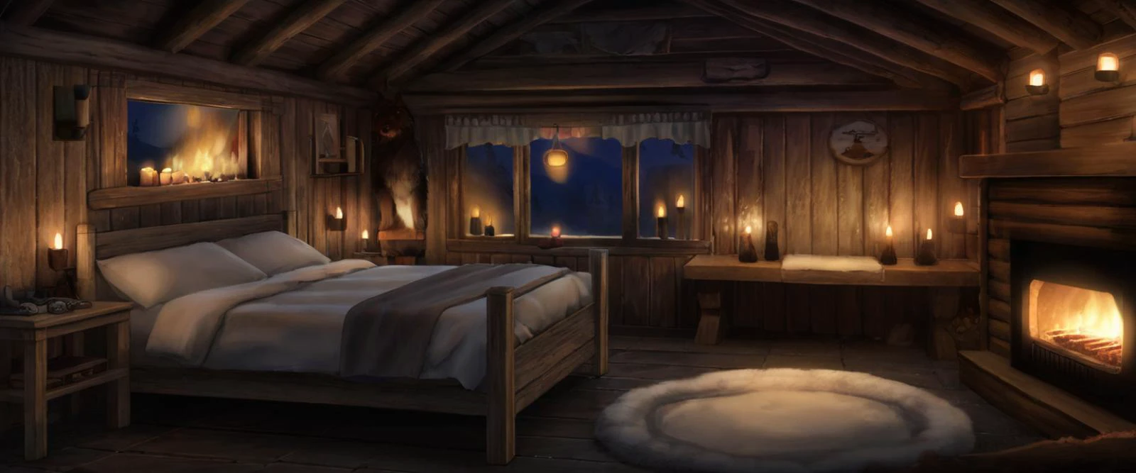 a wooden cabin interior during the middle of the night with candles with fur rugs and a lit fireplace, <lora:Detailed Interior Style SDXL v1:0.85>