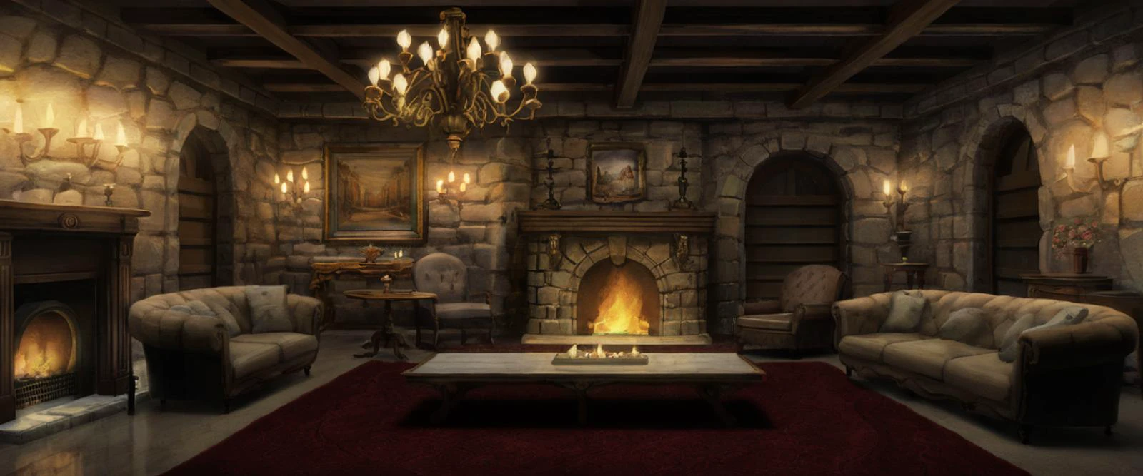 a stone castle interior during the middle of the night with chandeliers, fur rugs and a lit fireplace, <lora:Detailed Interior Style SDXL v1:0.85>